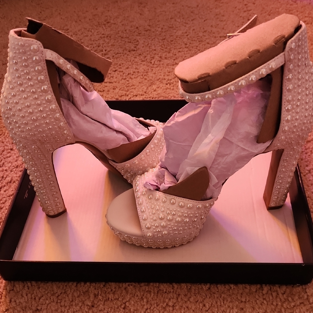 Elegant Pearl-Embellished White Heels